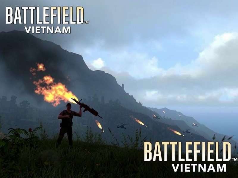Battlefield Vietnam gameplay screenshot showing jungle warfare and Huey helicopter assault