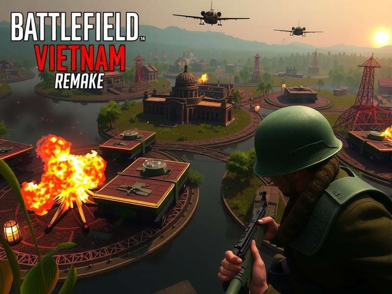 Huey helicopter flying over rice paddies in Battlefield Vietnam Remake