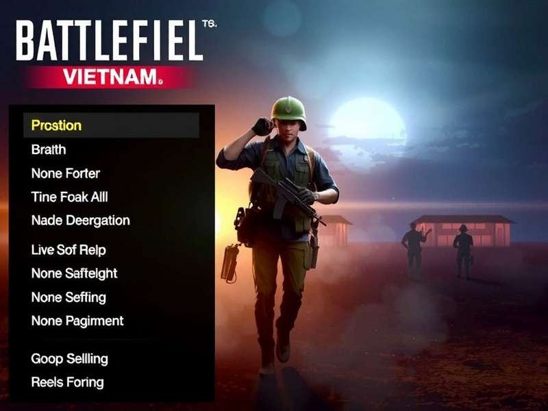 Battlefield Vietnam Main Menu screen featuring soldiers and helicopter silhouette at sunset